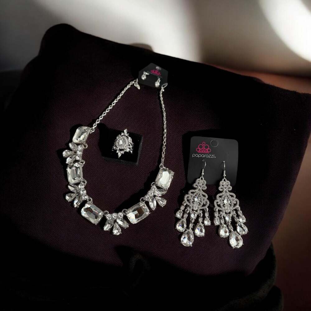 Paparazzi Long Live Sparkle White Rhinestone Necklace, Earrings, and Ring Set